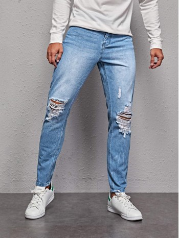 Men High-Waisted Ripped Straight Jeans