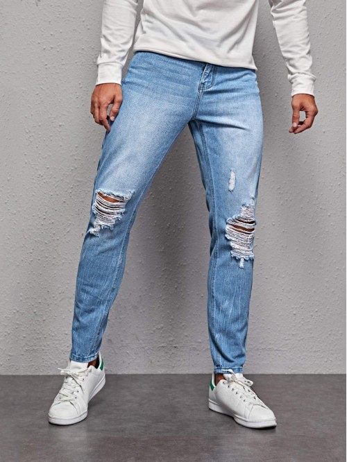 Men High-Waisted Ripped Straight Jeans