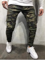 Men Camo Print Flap Pocket Drawstring Cargo Pants