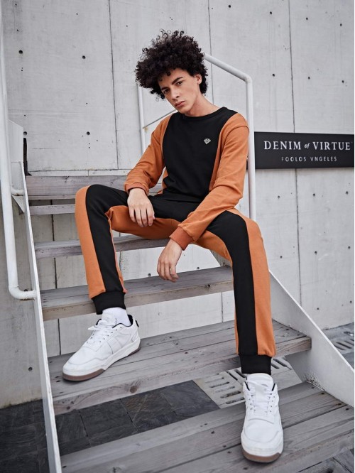 Men Geo Print Colorblock Pullover & Joggers Set