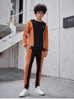 Men Geo Print Colorblock Pullover & Joggers Set