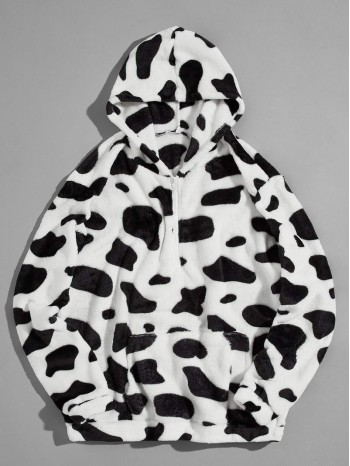 Men Cow Pattern Kangaroo Pocket Teddy Hoodie