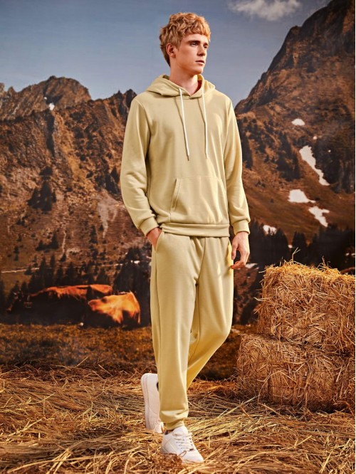 Men Kangaroo Pocket Drawstring Hoodie & Sweatpants