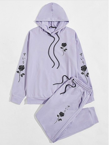 Men Floral Drop Shoulder Drawstring Hoodie & Sweatpants Set