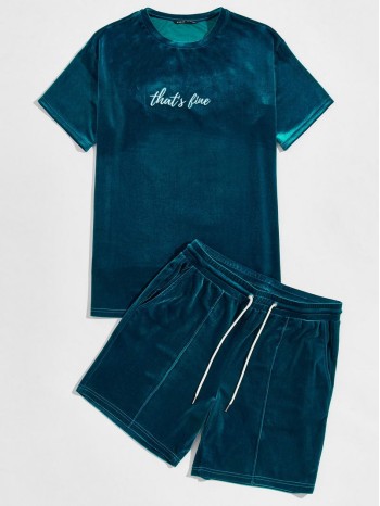 Men Letter Embroidered Velvet Top and Drawstring Waist Shorts Set