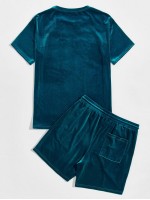 Men Letter Embroidered Velvet Top and Drawstring Waist Shorts Set