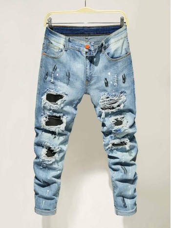 Men Ripped Zipper Fly Tapered Jeans