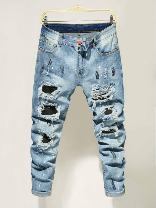 Men Ripped Zipper Fly Tapered Jeans