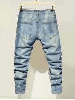 Men Ripped Zipper Fly Tapered Jeans