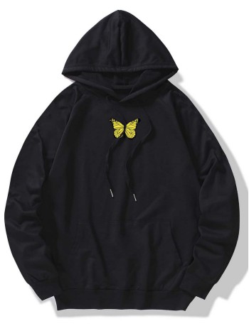 Men Butterfly Print Kangaroo Pocket Drawstring Hoodie