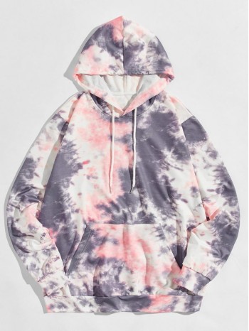 Men Tie Dye Kangaroo Pocket Drawstring Hoodie