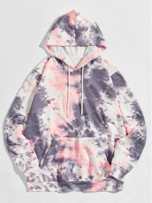 Men Tie Dye Kangaroo Pocket Drawstring Hoodie