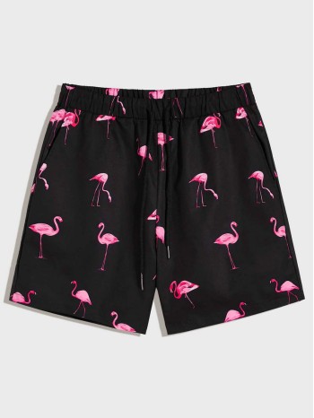 Men Drawstring Waist Flamingo Print Shorts