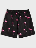 Men Drawstring Waist Flamingo Print Shorts