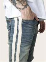 Men Ripped Side Striped Jeans