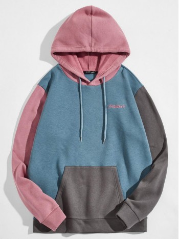 Men Embroidery Letter Colorblock Drawstring Hoodie