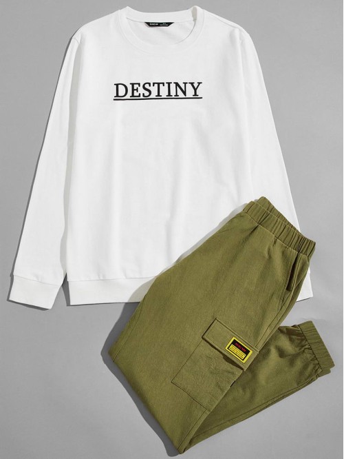 Men Letter Graphic Pullover & Patch Detail Cargo Pants Set