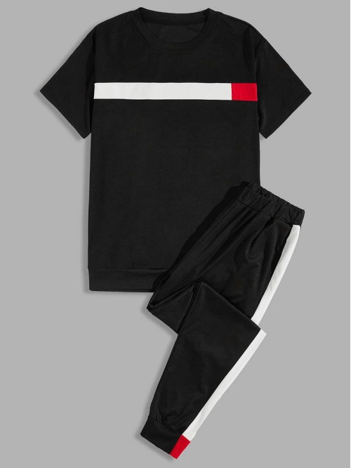 Men Contrast Panel Tee & Joggers Set