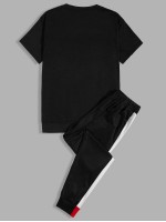 Men Contrast Panel Tee & Joggers Set