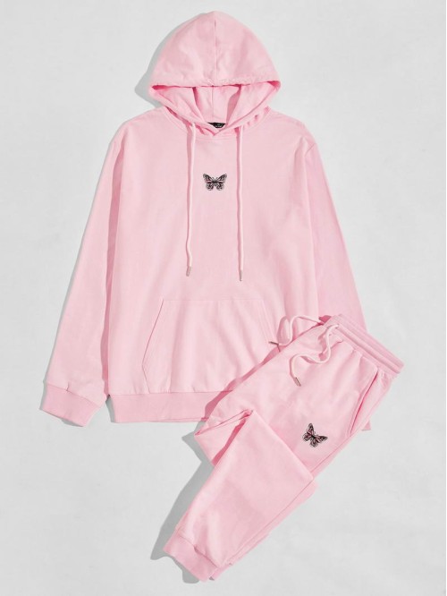 Men Pouch Pocket Butterfly Embroidered Hoodie & Joggers Set