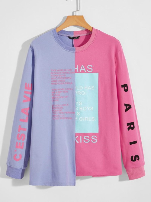 Men Slogan Graphic Asymmetrical Hem Colorblock Pullover