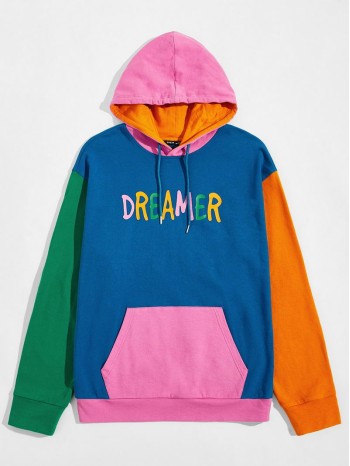 Men Colorblock Letter Graphic Drawstring Hoodie