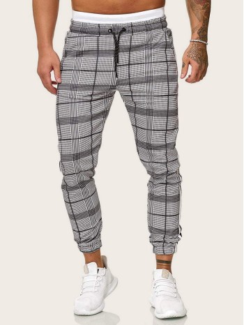 Men Plaid Contrast Striped Drawstring Waist Sweatpants