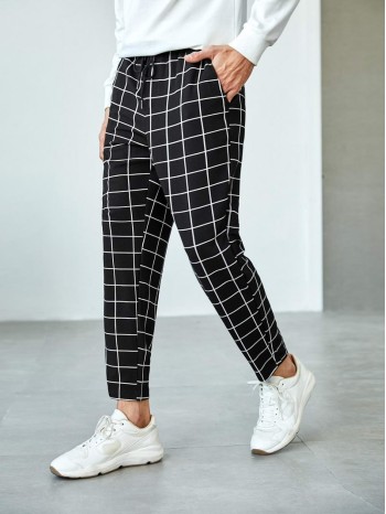 Men Drawstring Waist Plaid Print Pants