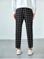 Men Drawstring Waist Plaid Print Pants