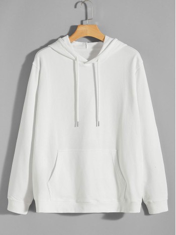 Men Solid Kangaroo Pocket Drawstring Hoodie