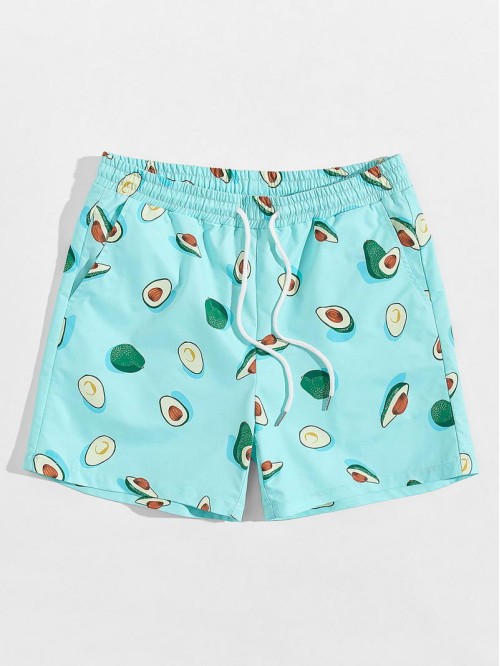 Men Drawstring Waist Avocado Print Shorts