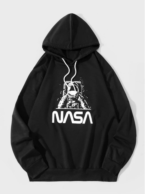 Men Astronaut And Letter Graphic Drawstring Hoodie