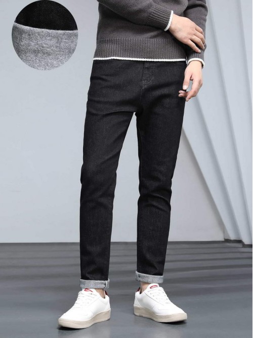 Men Patched Fleece Lined Straight Leg Jeans