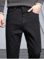 Men Patched Fleece Lined Straight Leg Jeans