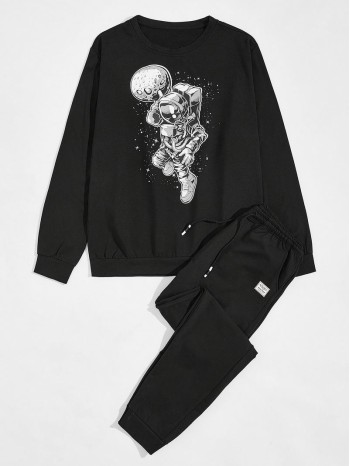 Men Astronaut Print Sweatshirt And Pants Set