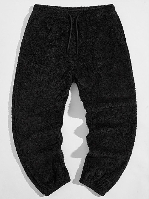 Men Drawstring Waist Teddy Pants