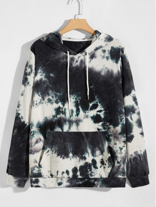 Men Tie Dye Drawstring Kangaroo Pocket Hoodie