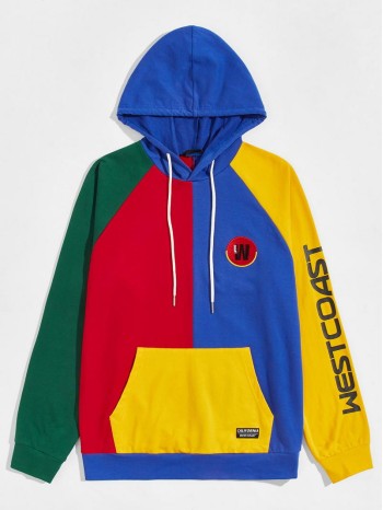 Men Embroidered Detail Letter Graphic Colorblock Hoodie