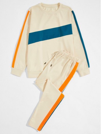 Men Colorblock Sweatshirt & Drawstring Waist Pants