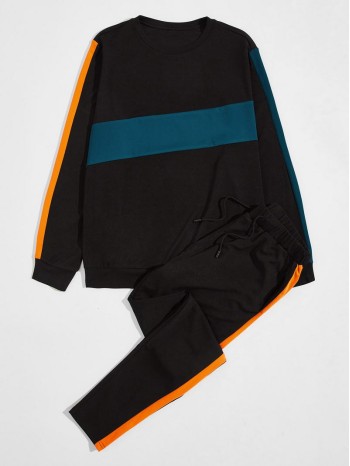 Men Colorblock Sweatshirt & Drawstring Waist Pants