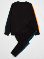 Men Colorblock Sweatshirt & Drawstring Waist Pants