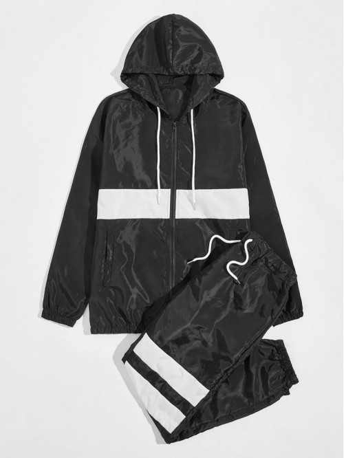 Men Panel Zip Up Windbreaker Jacket & Striped Sweatpants