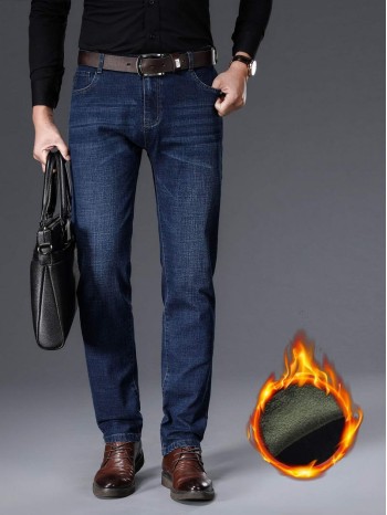 Men Fleece Lined Washed Jeans