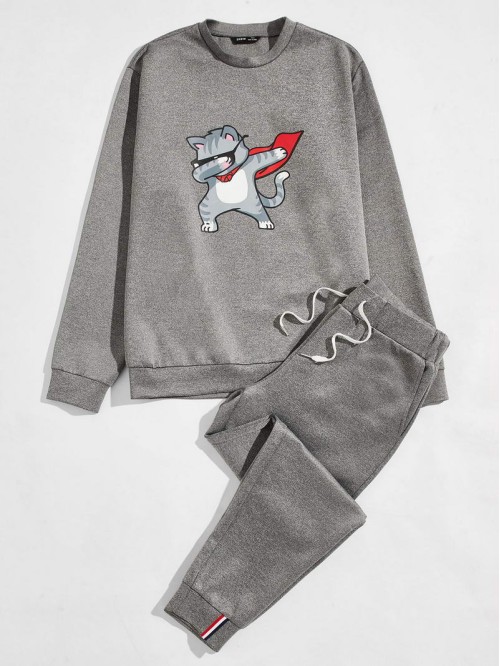 Men Cartoon Graphic Pullover & Striped Tape Joggers Set