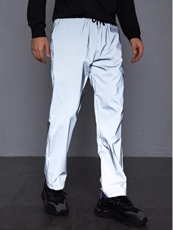 Men Solid Flap Pocket Drawstring Reflective Pants