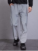 Men Solid Flap Pocket Drawstring Reflective Pants