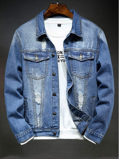 Men Ripped Flap Pockets Denim Jacket Without Sweatshirt