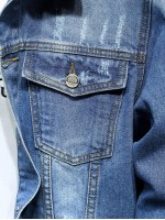 Men Ripped Flap Pockets Denim Jacket Without Sweatshirt