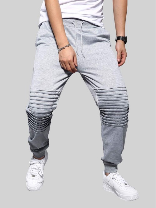 Men Drawstring Ribbed Knee Sweatpants