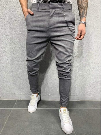 Men Solid Slant Pocket Chain Detail Tailored Pants